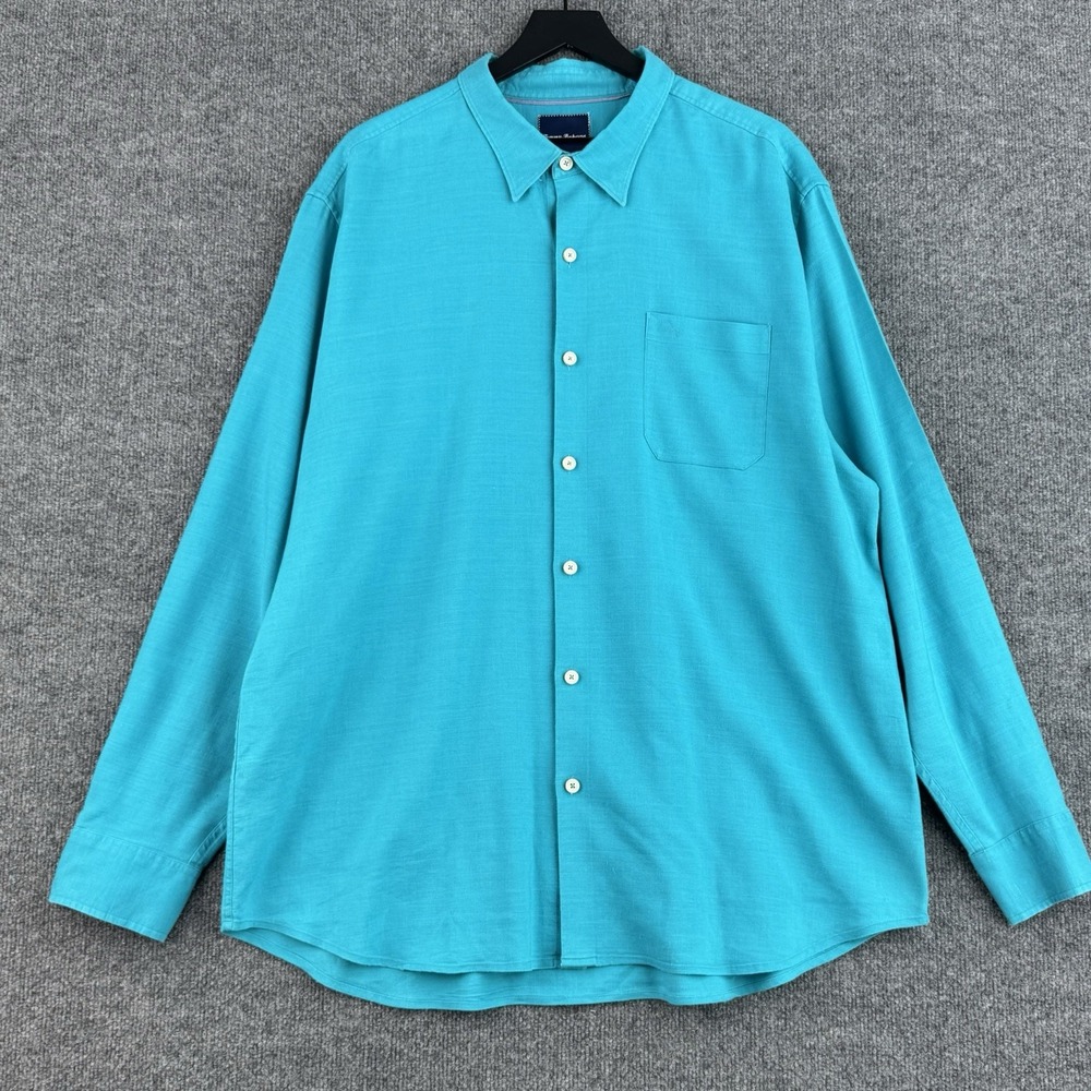 Tommy Bahama Hidden Button Down Shirt Mens XXL Blue Green Linen Travel Vacation